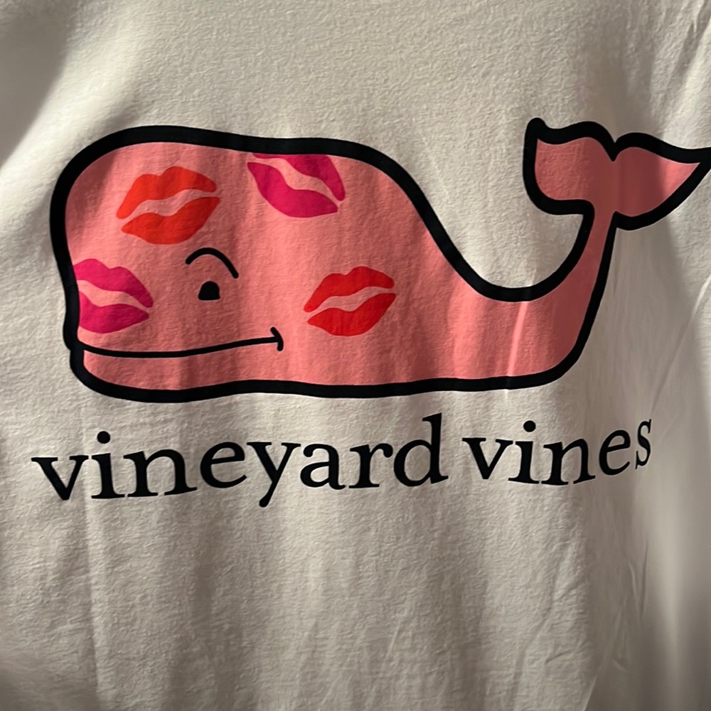 Vineyard Vines White Long Sleeve Tee with Pink Whale and Red/Pink Kiss Prints